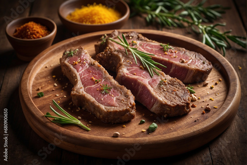Delicious fried lamb steak on a wooden plate