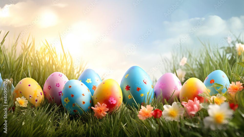 Bright colorful Easter eggs and rabbit ears on a blue and wooden background with green moss
