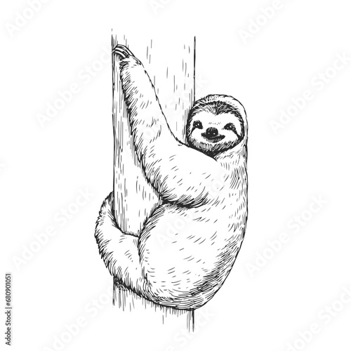 Vector hand-drawn illustration of a sloth in the style of engraving. A sketch of a wild Brazilian animal isolated on a white background. Fauna of South America.