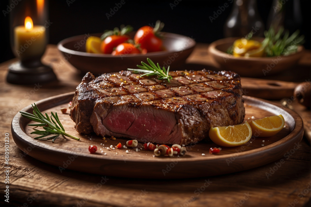 Delicious grilled lamb steak on a wooden plate