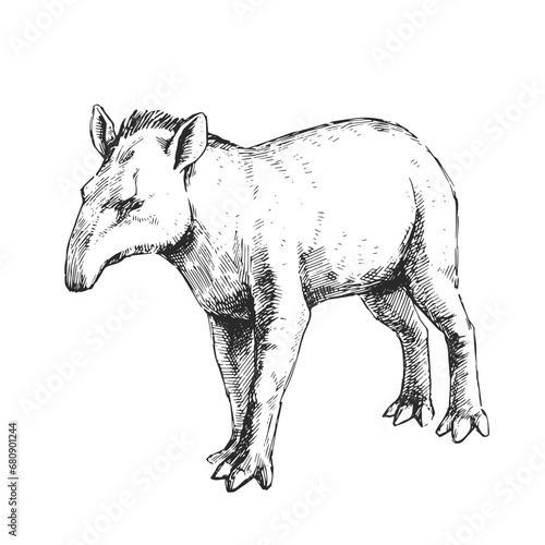 Vector hand-drawn illustration of a tapir in the style of engraving. A sketch of a wild Brazilian animal isolated on a white background. Fauna of South America.