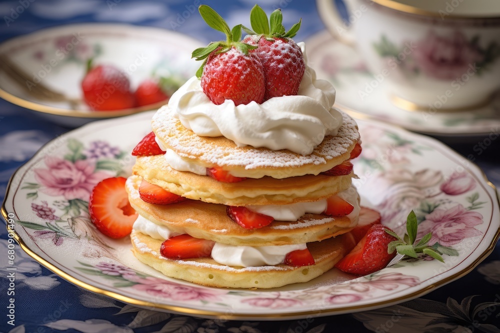 Portions of pancakes with whipped cream and strawberries. Generative AI Portions of pancakes with whipped cream and strawberries. Generative AI