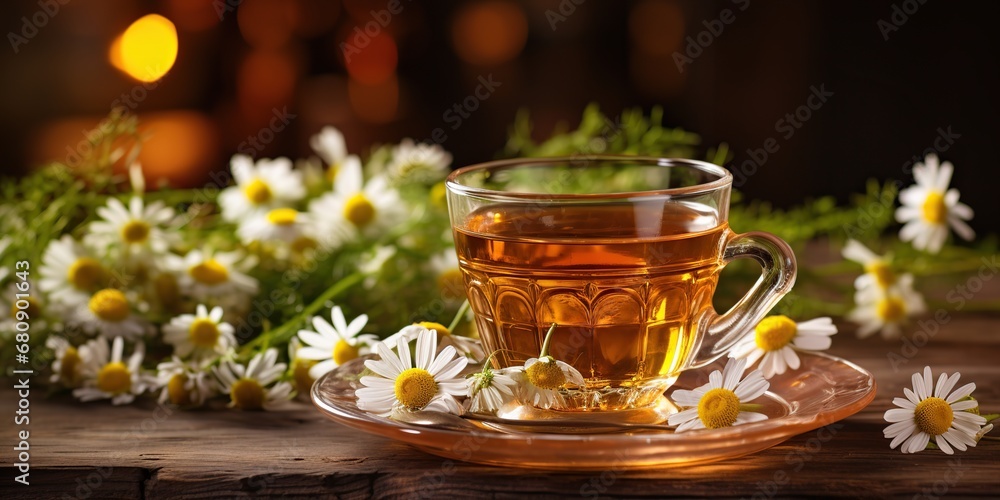 Herbal tea with fresh chamomile flowers on old wooden background, Generative AI Herbal tea with fresh chamomile flowers on old wooden background, Generative AI
