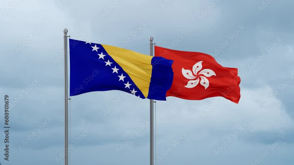 Hong Kong flag and Bosnia and Herzegovina flag waving together on cloudy sky, endless seamless loop, two country relations concept Hong Kong flag and Bosnia and Herzegovina flag waving together on cloudy sky, endless seamless loop, two country relations concept