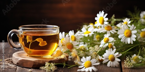 Herbal tea with fresh chamomile flowers on old wooden background  Generative AI