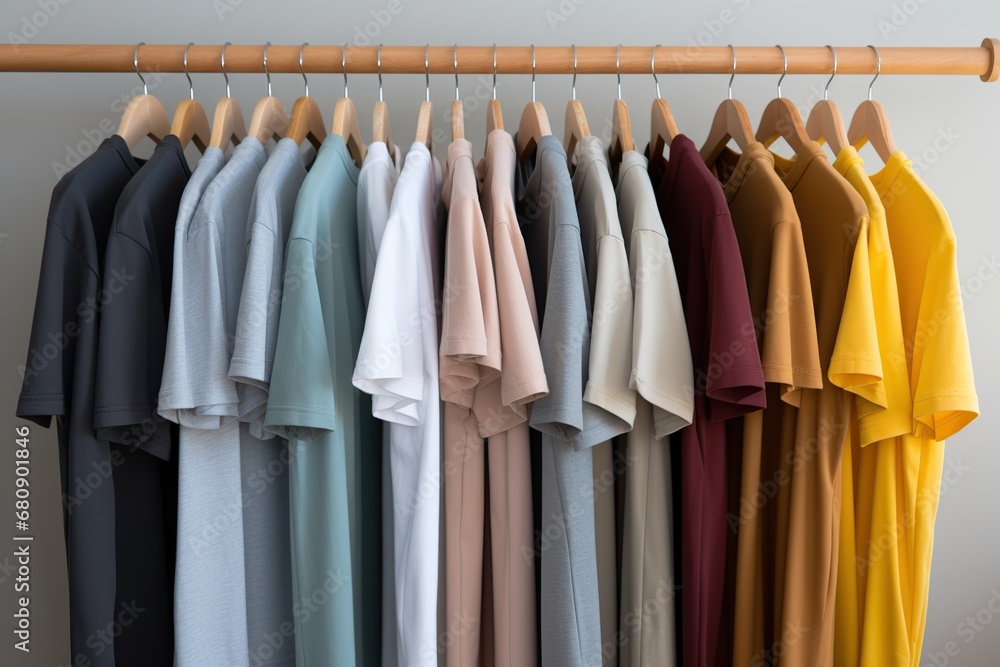 Many t shirts on a rack inside a closet space and display space concept, Generative AI Many t shirts on a rack inside a closet space and display space concept, Generative AI