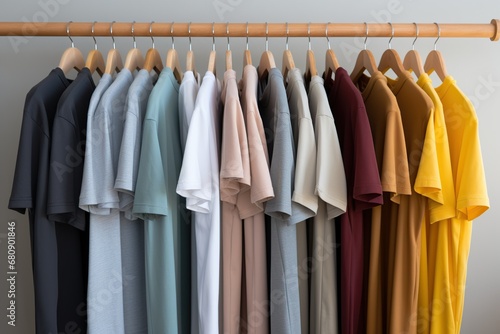 Many t shirts on a rack inside a closet space and display space concept, Generative AI