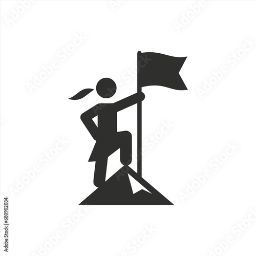 Victorious woman standing on a mountaintop holding a flag icon