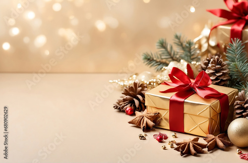 Christmas gift box and pine cones on the background of bokeh garlands