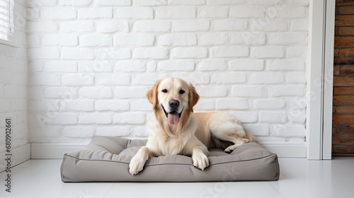 A golden retriever lying in a grey dog bed, cute playful dog, Dog banner 