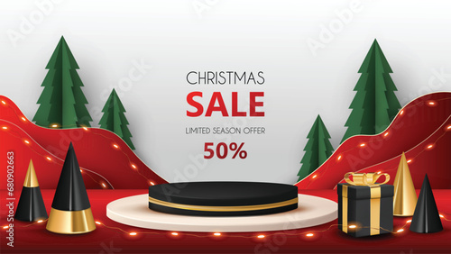 Merry Christmas sale promotion poster banner with product display and decoration background