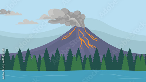Volcano eruption in flat style. Landscape with volcano and forest. Vector illustration.
