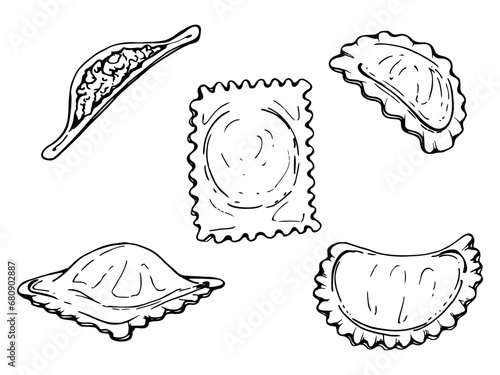Hand drawn vector ink illustration. Ravioli pelmeni pierogi vareniki gyoza manti wonton dish. Set of single object elements isolated on white. For restaurant menu, food shop and package, flyer, print.