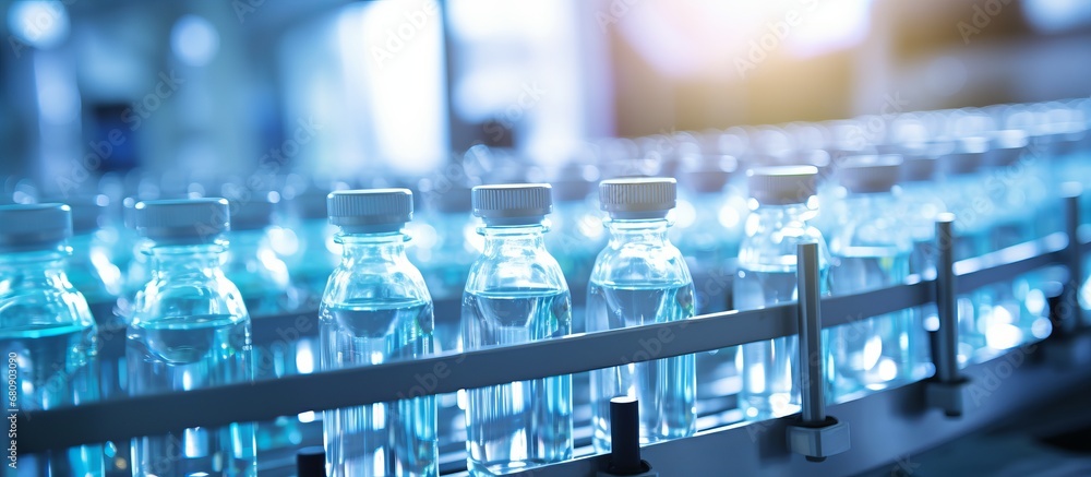 A Line of Bottles Filled With Refreshing Water on a Conveyor Belt A Line of Bottles Filled With Refreshing Water on a Conveyor Belt