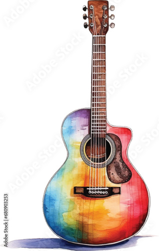 Watercolor acoustic guitar on white background