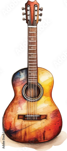 Watercolor acoustic guitar on white background