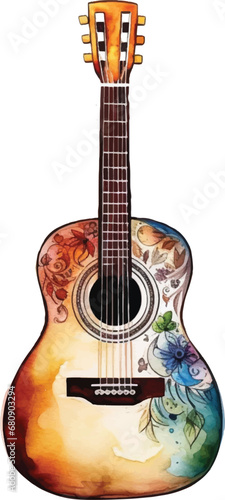 Watercolor acoustic guitar on white background