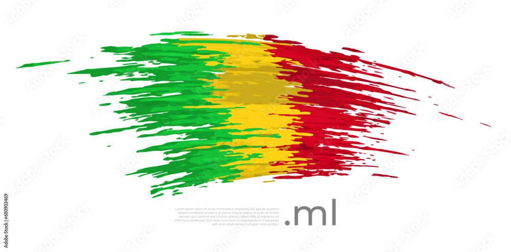 Mali flag. Brush strokes, grunge. Stripes colors of the malian flag on a white background. Vector design national poster, template, place for text. State patriotic banner of mali, flyer Mali flag. Brush strokes, grunge. Stripes colors of the malian flag on a white background. Vector design national poster, template, place for text. State patriotic banner of mali, flyer