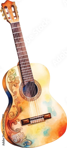 Watercolor acoustic guitar on white background