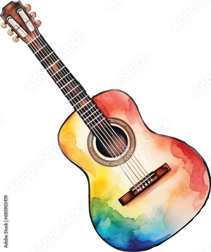 Watercolor acoustic guitar on white background