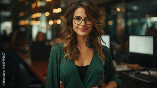 Bella donna con capelli lunghi in un moderno ufficio con abito elegante e occhiali photo