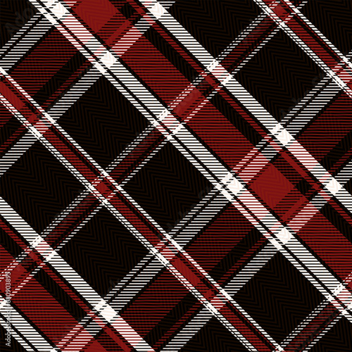Check Plaid Seamless Pattern, Diagonal Gingham In Black and Red (Maroon) and White Multi, Lumberjack Tartan Vector Pixel Textured with Herringbone