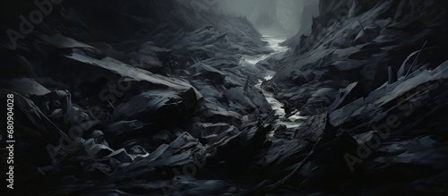 Caverns of Mystery: An Enigmatic Painting of a Serene, Subterranean Stream Flowing Through a Dark Cave