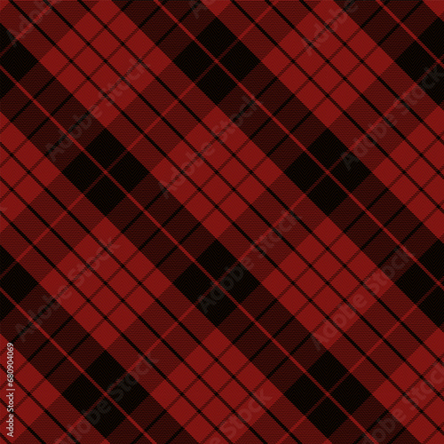 Check Plaid Seamless Pattern, Diagonal Gingham In Black and Red (Maroon), Lumberjack Tartan Vector Pixel Textured