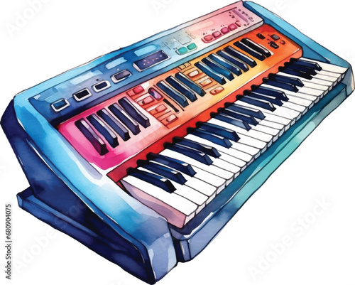 Watercolor electric keyboard on white background