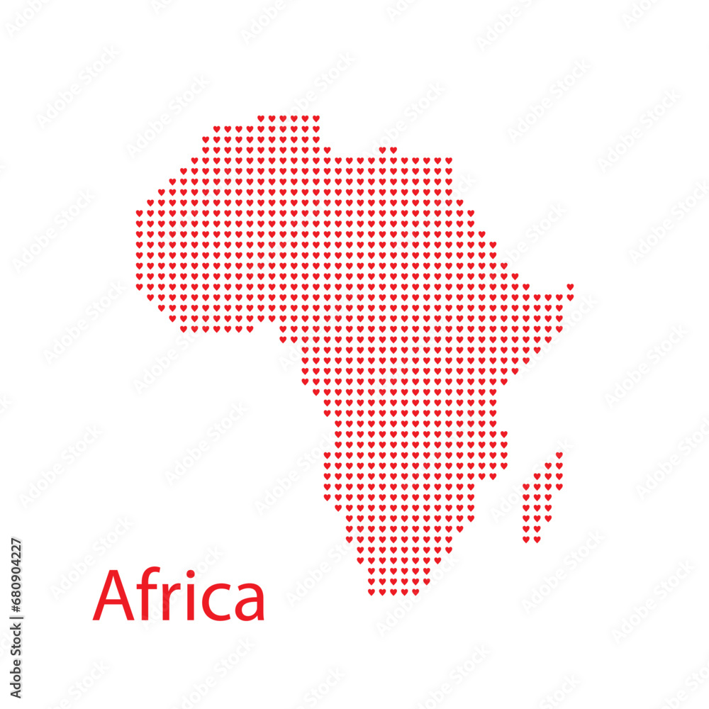 Mosaic Africa map of love hearts in red color isolated on a white background. Regular red heart pattern in shape of Africa map. Abstract design for Valentine decoration.