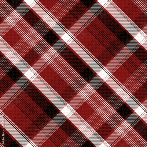 Check Plaid Seamless Pattern, Diagonal Gingham In Black, Red (Maroon) and White Multi, Lumberjack Tartan Vector Pixel Textured with Hoounds Tooth