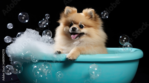 Pomeranian dog peeking out of a bath, Dog is taking a bath, soap bubbles 