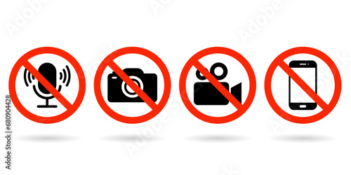 No Video, photo, phone, or sound recording forbidden icons. Photo, video, and phone prohibition symbol sign set. No photographing and filming prohibit icon logo collection. photo