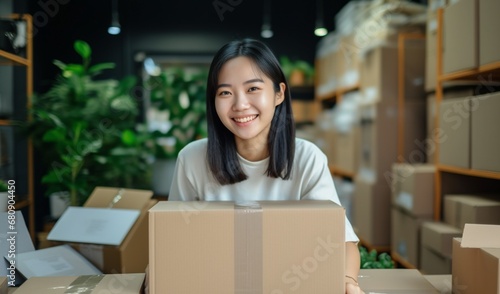 Portrait of young asian woman smiling while unpacking cardboard boxes in office