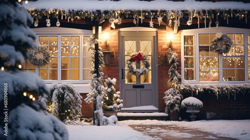 Christmas in the countryside, cottage and garden decorated for holidays on a snowy winter evening with snow and holiday lights, English country styling