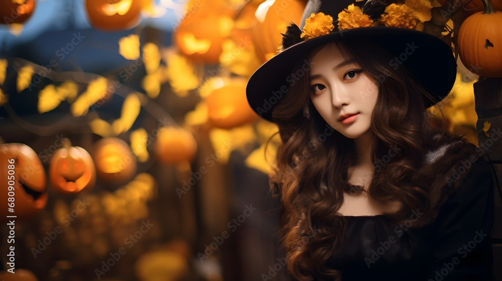 ハロウィンで仮装する女性 ハロウィンで仮装する女性