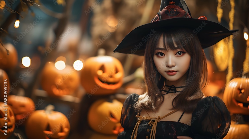ハロウィンで仮装する女性 ハロウィンで仮装する女性