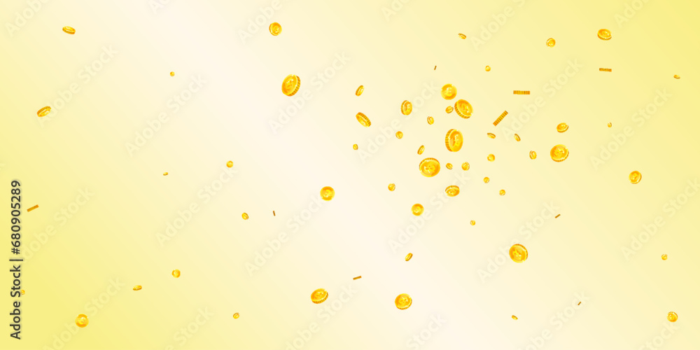 British pound coins falling. Scattered gold GBP British pound coins falling. Scattered gold GBP
