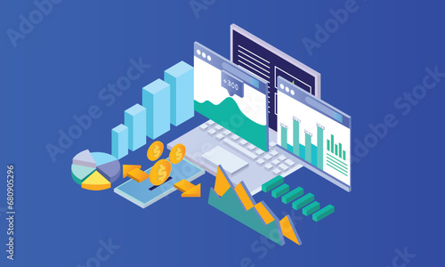 Isometric data analysis for website and mobile website, landing page template.on blue background.3D design.isometric vector design.