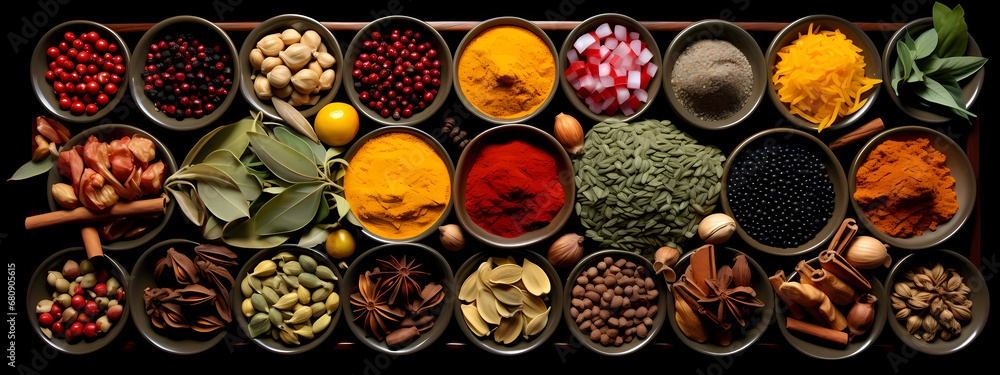 an array of exotic spices, presented in a way that emphasizes color and aroma an array of exotic spices, presented in a way that emphasizes color and aroma