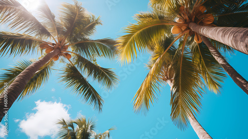 Coconut palms are brightly lit by the rays of the sun. Bright blue sky. Shooting from below. Background. Texture. Wallpape