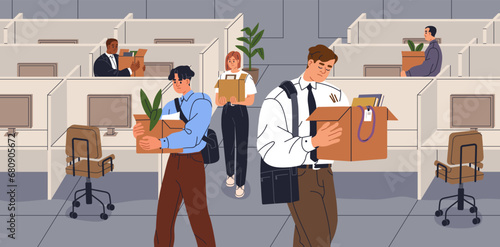 Layoff, staff reduction and dismissal concept. Fired dismissed redundant employees, office workers leaving company, workplace. Personnel redundancy, downsizing, team cuts. Flat vector illustration