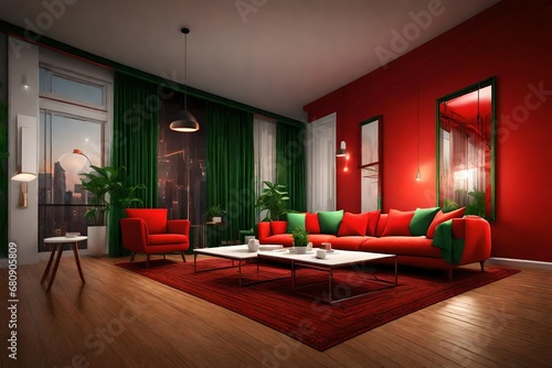 extreme view , 3D view, a living room, dinnig room with white walls,  hardwood flooring  with , bright red and green background, night mode