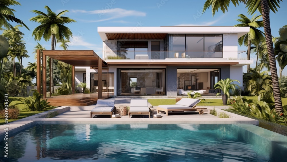 Fototapeta premium A Serene Oasis: A House with a Sparkling Swimming Pool in the Front Yard