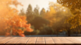 Empty wooden table over blurred autumn forest, Product Display, Mock up 