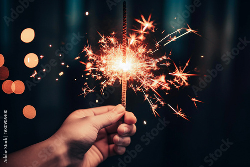 Burning sparkler in hand on dark background with bokeh. Selective focus