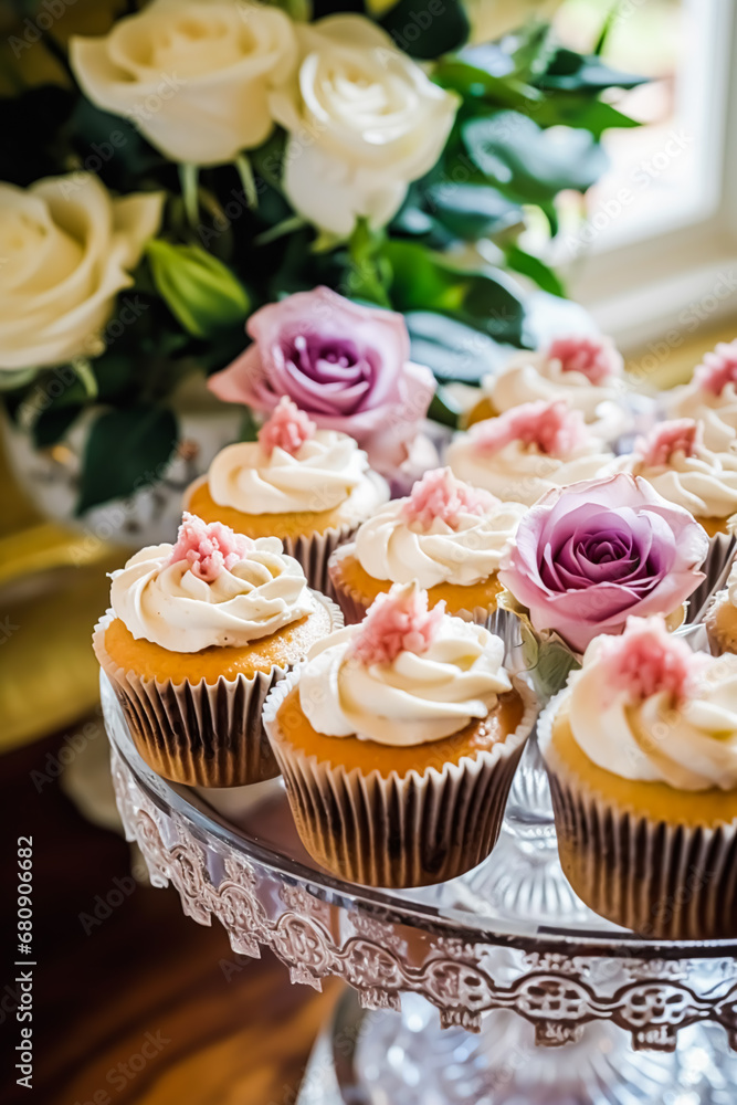 Cupcakes, cakes, scones and muffins and holiday decoration outdoors at the English country style garden, sweet desserts for wedding, birthday or party celebration, generative ai