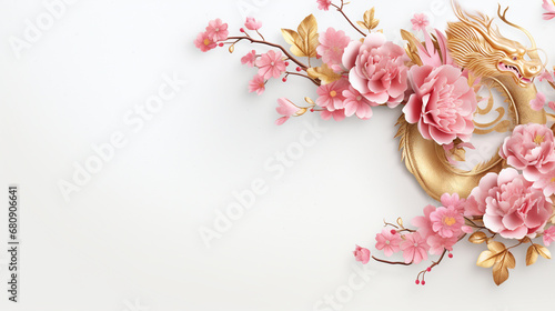 Chinese new year, Year of Dragon,lunar new year,golden dragon,festival,pink peony, lanterns, chinese lanterns, lamp, moon,Greeting card,paper cut,wall paper, background,with space for your text
