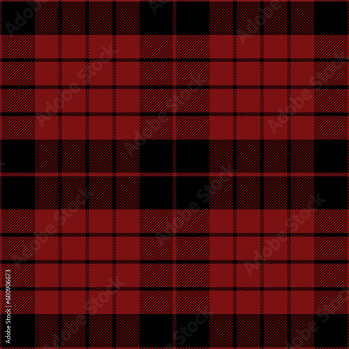 Check Plaid Seamless Pattern, Diagonal Gingham In Black and Red (Maroon), Lumberjack Tartan Vector Pixel Textured