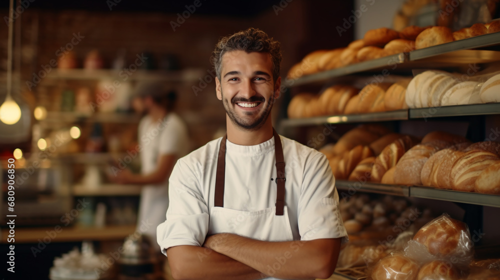 Baker man standing with fresh breads in background. Happy male standing in bake shop and looking at camera.